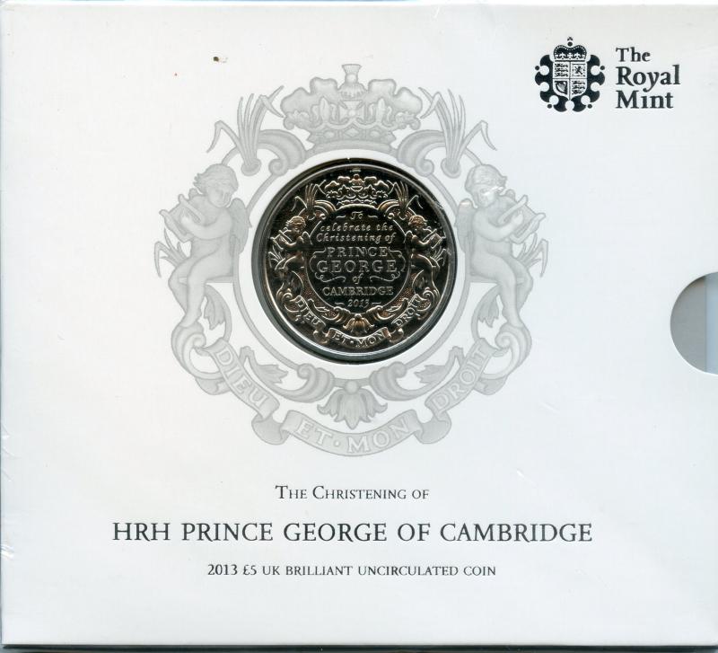 UK Royal Mint 2013 Christening of Prince George Brilliant Uncirculated £5 Coin