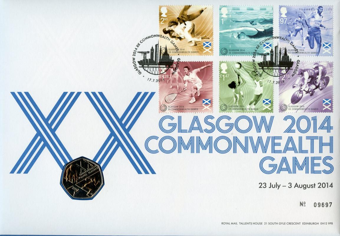 UK 2014  Glasgow Commonwealth Games  50p Pence Uncirculated Coin with First Day Cover