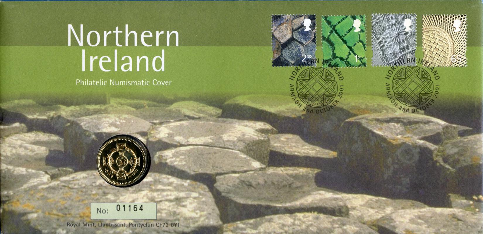 UK  2001 Uncirculated £1 Coin Northern Ireland Obverse  With First Day Stamp Cover