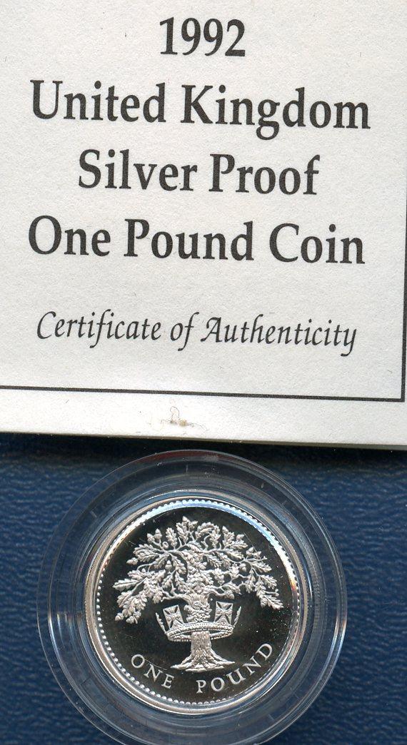 1992 UK  Silver Proof £1 One Pound Coin  England English Oak Design Design Obverse