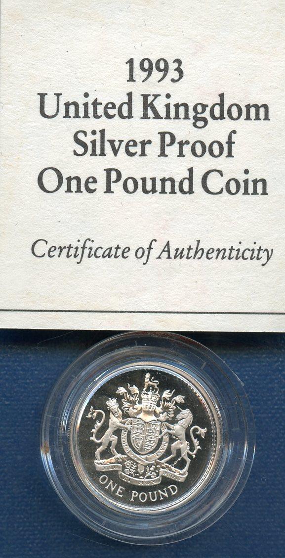 1993 UK Silver Proof £1 One Pound Coin Royal Arms  Design Obverse