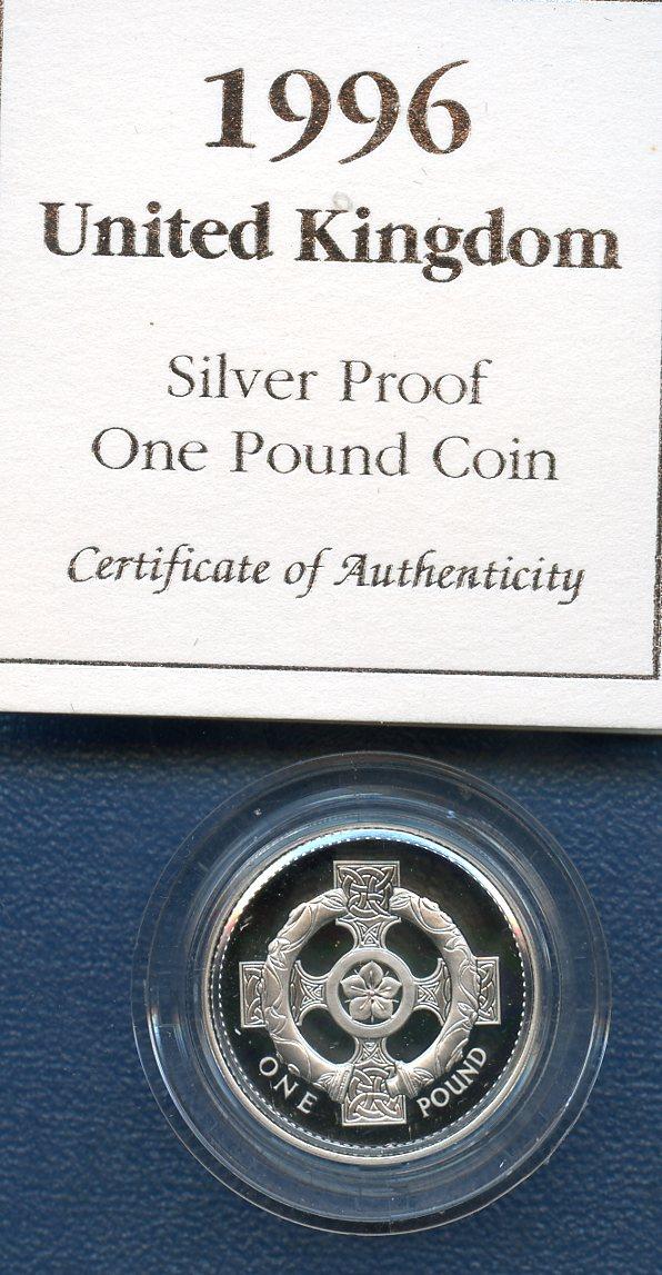 1996 UK Silver Proof £1 One Pound Coin Northern Ireland Celtic Cross Design Obverse