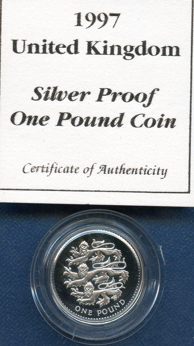 1997 UK Silver Proof £1 One Pound Coin England English Lions Design Obverse