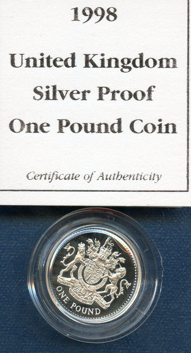 1998 UK Silver Proof £1 One Pound Coin  Royal Arms Design Obverse