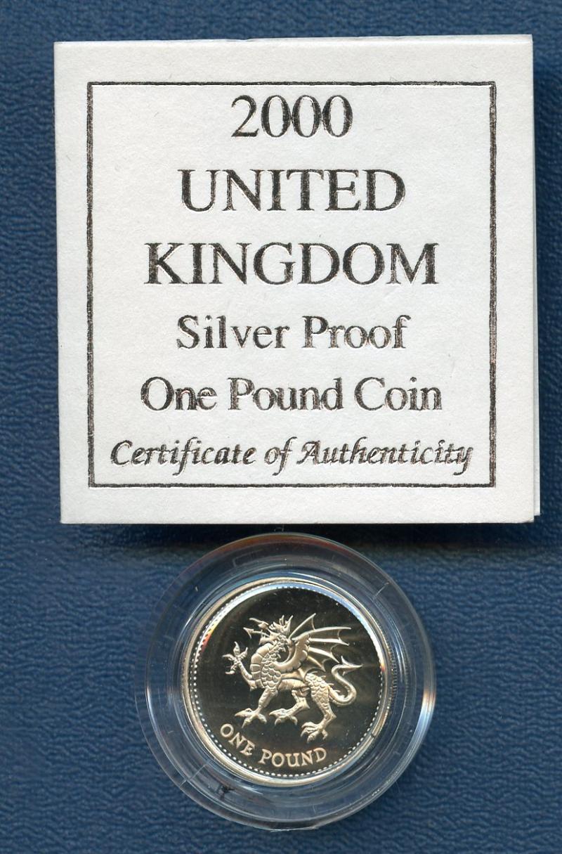 2000 UK  Silver Proof £1 One Pound Coin  Wales Welsh Dragon Design Obverse