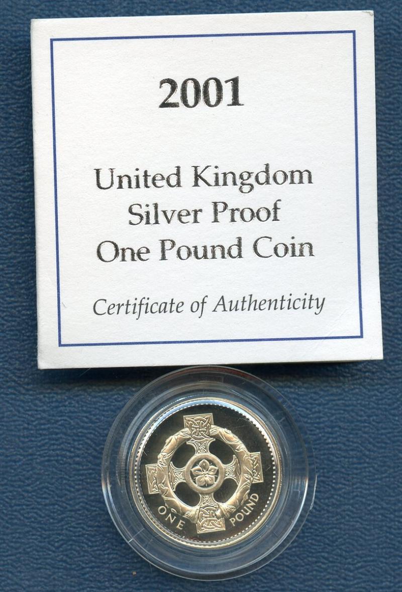 2001 UK Silver Proof £1 One Pound Coin Northern Ireland Celtic Cross Design Obverse