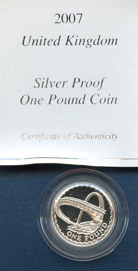 2007 UK  Silver Proof £1 One Pound Coin   Gateshead Millienium Bridge Design Obverse