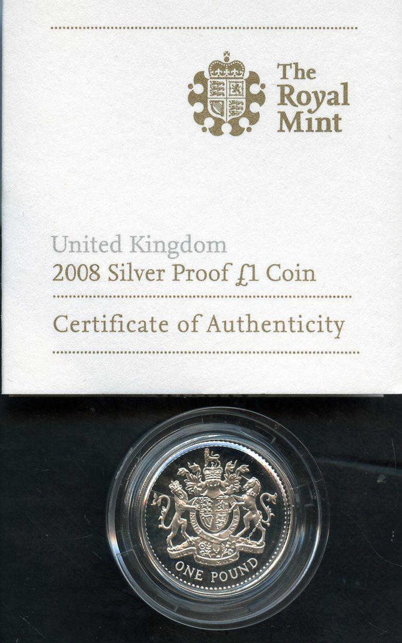 2008 UK Silver Proof £1 One Pound Coin  Royal Arms Design Obverse