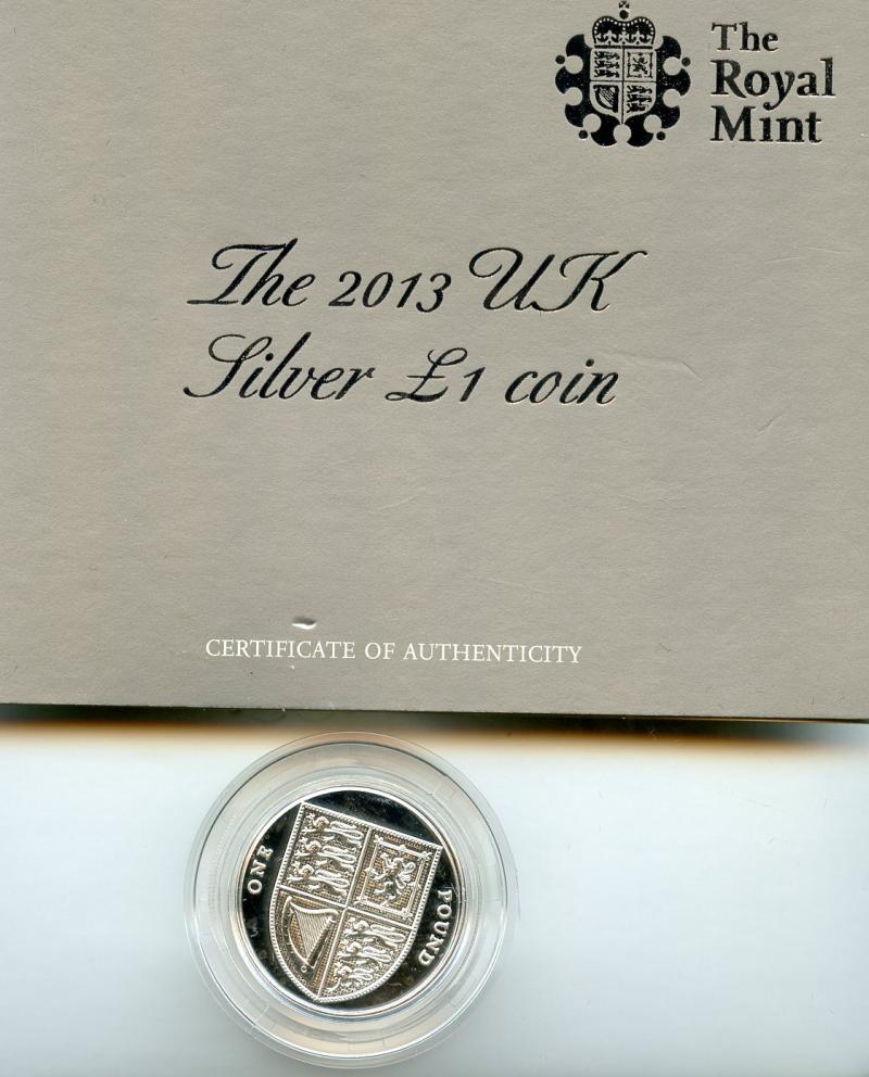 2013  UK Silver Proof £1 One Pound Coin Shield of Arms Design