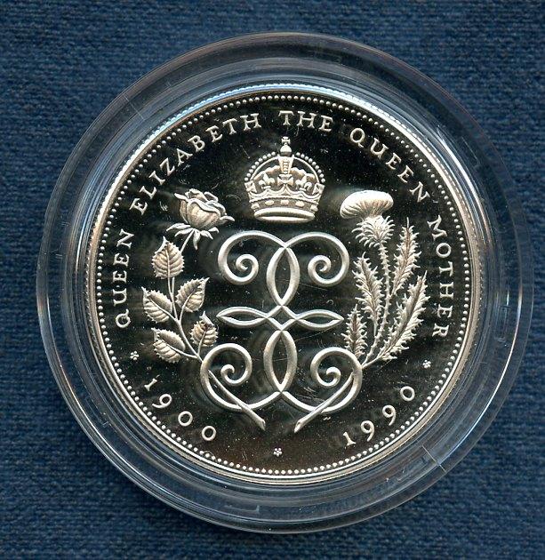 UK 1990 The Queen Mothers 90th Birthday Silver Proof £5 Five Pound Crown