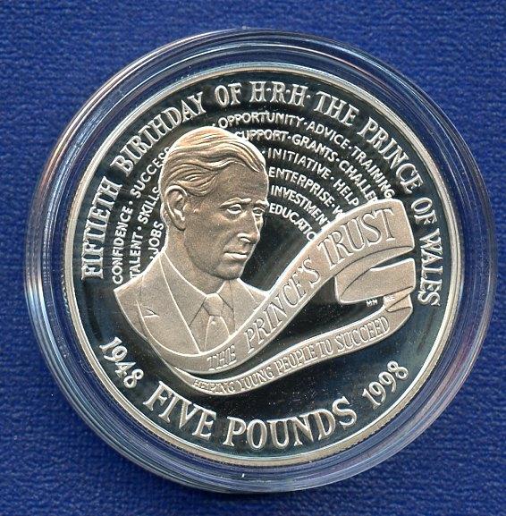 UK 1998  Prince Charles 50th Birthday Silver Proof £5 Five Pound Crown Coin