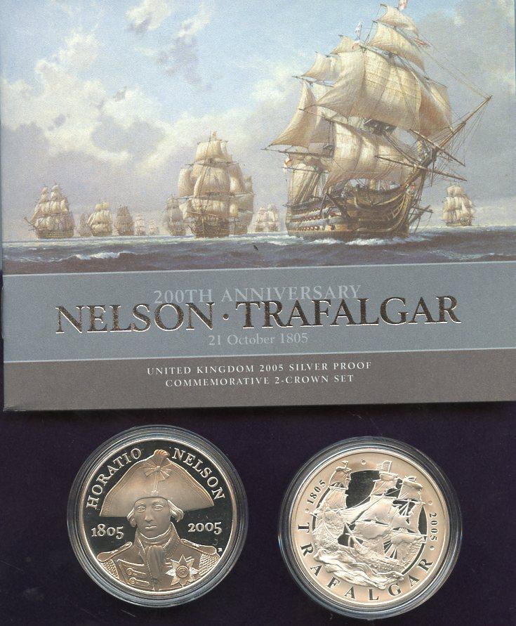 UK 2005  Nelson & Traflagar  Proof Silver Proof £5  Five Pound Crown Coins