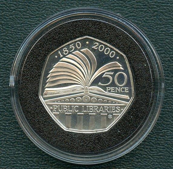 UK 2000 150 years Public Libraries  Silver Proof  Fifty Pence Commemorative Coin