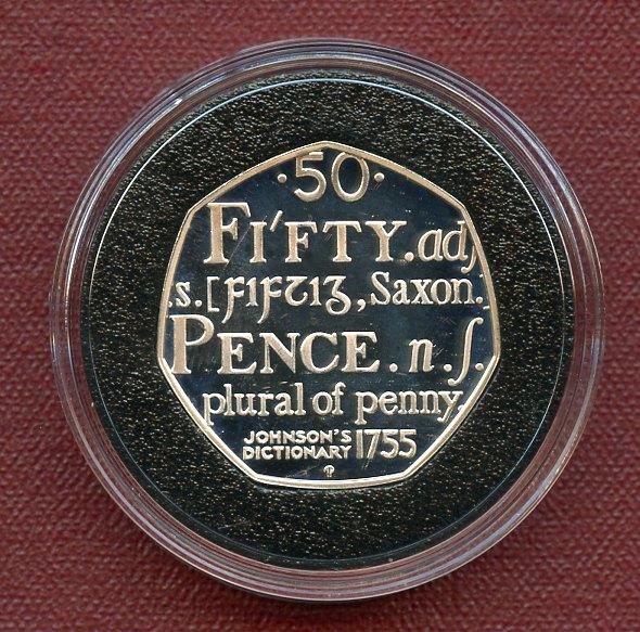 UK 2005 250th Anniversary of Samuel Johnston's Dictionary. Silver Proof 50p Fifty Pence  Coin