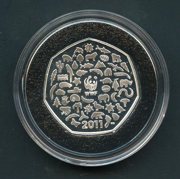 UK 2011  50th Anniversary of  the setting up of the World Wildlife Fund.  Silver Proof Fifty Pence coin
