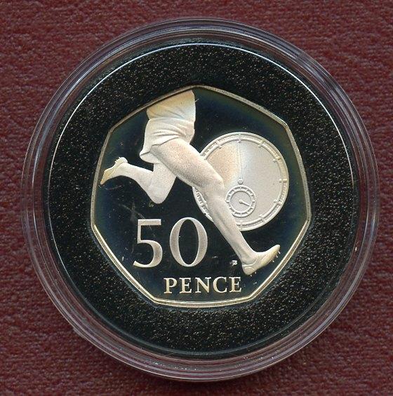 UK 2004  Roger Bannisters One Minute Mile 50th Anniversary Silver Proof  Piedfort Fifty Pence Coin