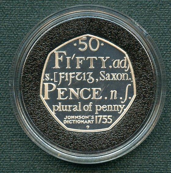 UK 2005 250th Anniversary of Samuel Johnston's Dictionary. Silver Proof Piedfort 50p Fifty Pence  Coin