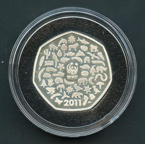 UK 2011  50th Anniversary of  the setting up of the World Wildlife Fund.  Silver Proof  Piedfort Fifty Pence coin