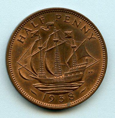 UK George VI Halfpenny Coin 1938