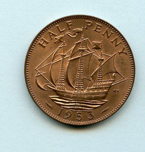 UK Queen Elizabeth II  Half Penny Coin 1953