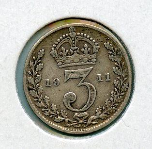 UK  George V Threepence Coin  Dated 1911