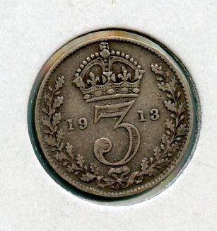 UK  George V Threepence Coin  Dated 1913