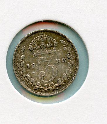 UK Queen Victoria Jubilee Head  Silver Three Pence Coin Dated 1893