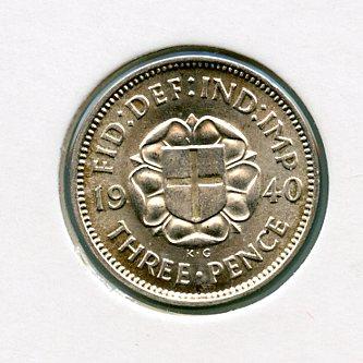 UK  George VI Threepence Coin  Dated 1940