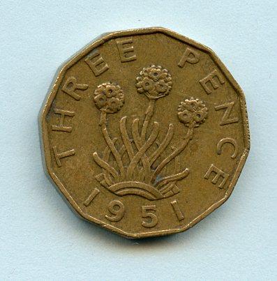 UK George VI  Brass Three Pence Coin Dated 1951