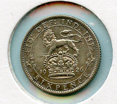 U.K. George V  Sixpence Coin Dated 1926