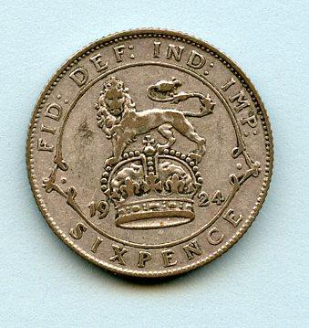 U.K. George V  Sixpence Coin Dated 1924