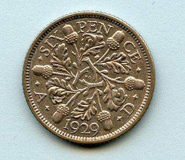 U.K. George V  Sixpence Coin Dated 1929