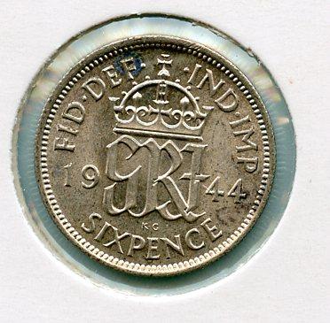 U.K. George VI  Sixpence Coin Dated 1944