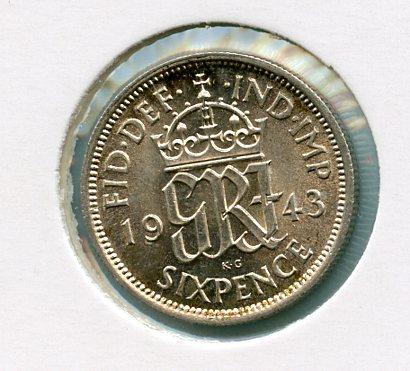 U.K. George VI  Sixpence Coin Dated 1943