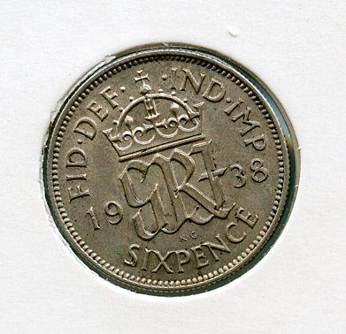 U.K. George VI  Sixpence Coin Dated 1938