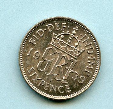 U.K. George VI  Sixpence Coin Dated 1939