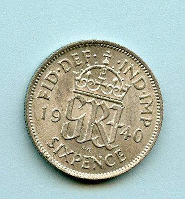 U.K. George VI  Sixpence Coin Dated 1940