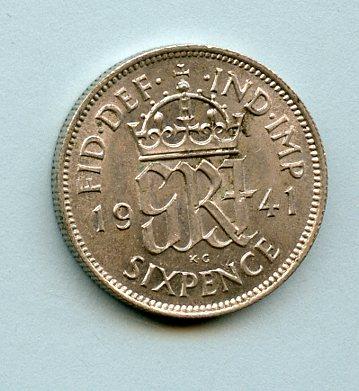 U.K. George VI  Sixpence Coin Dated 1941