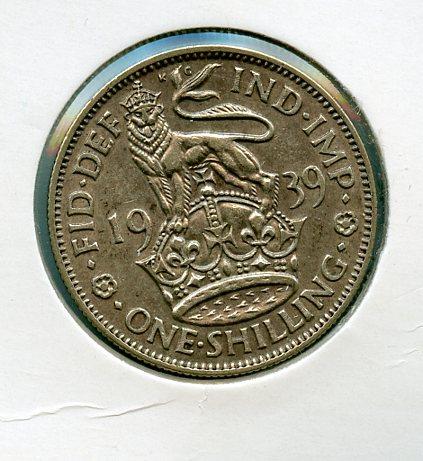 UK George VI  Shilling Coin English Obverse  Dated 1939