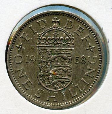 UK Elizabeth II  Shilling Coin  English Obverse Dated 1958