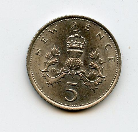 UK Decimal Five Pence Coin Dated 1970