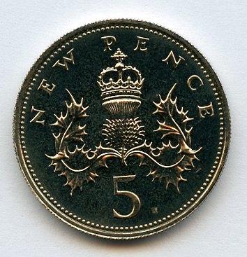 UK Decimal  Proof Five Pence Coin Dated 1974