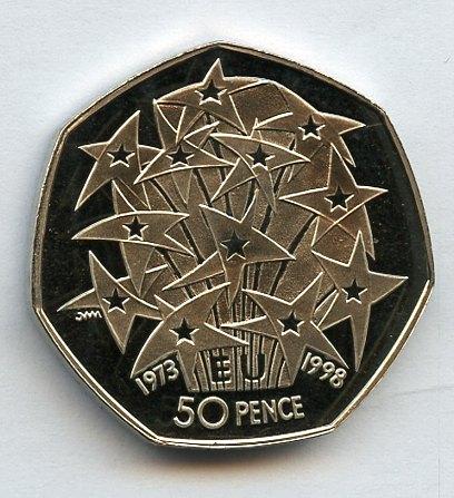UK   European Union Anniversary Decimal  Proof 50 Pence Coin  Dated 1998