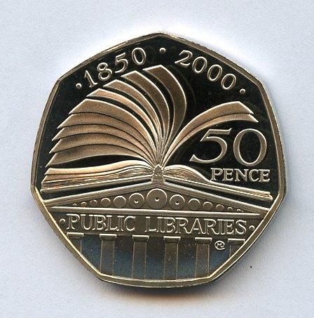 UK  Public Libraries Decimal  Proof 50 Pence Coin  Dated 2000