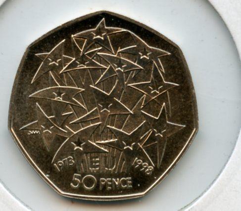 UK   European Union Anniversary Brilliant Uncirculated 50 Pence Coin  Dated 1998