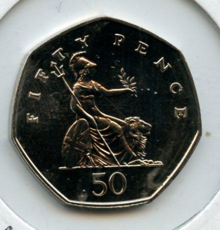 UK 1998 Brilliant Uncirculated Britannia Obverse  Decimal 50 Pence Coin