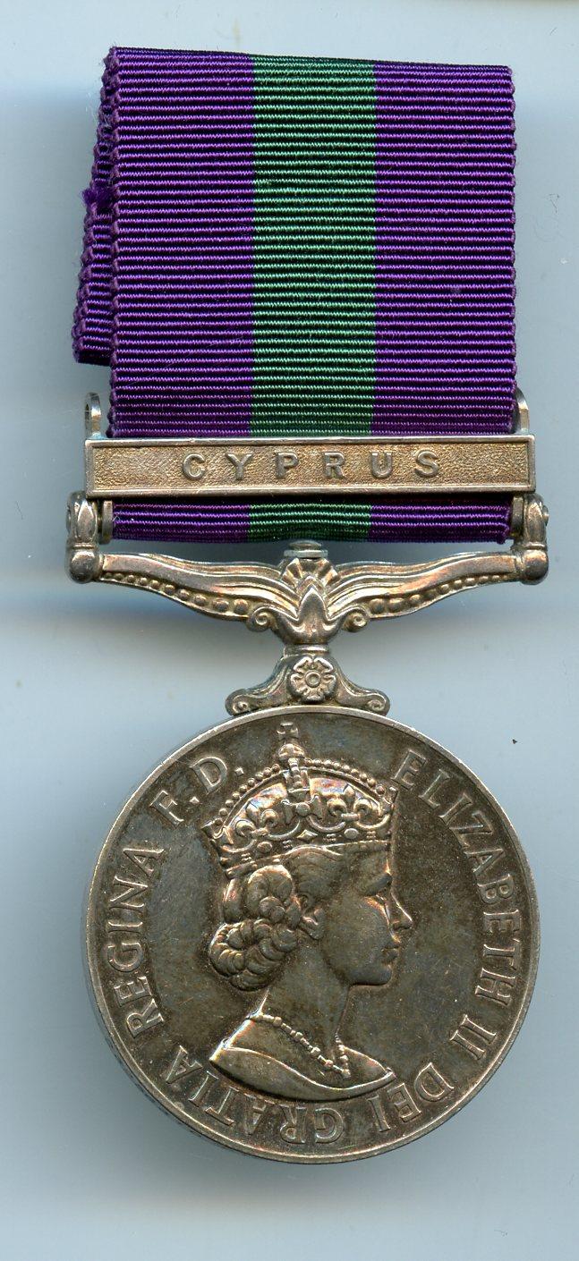 General Service Medal  1918-62 1 Clasp Cyprus;  Pte J J Greenwood, Duke of Wellington Regiment