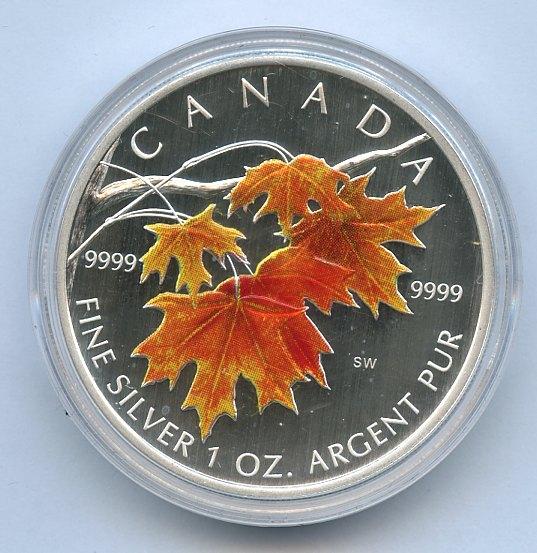 2007 Canada  Maple Coloured Leaf Silver Proof  $5 Five Dollars Coin