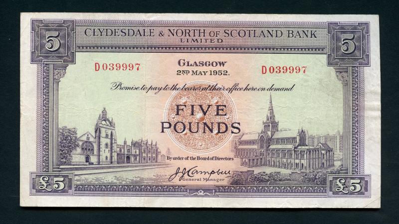 The Clydesdale Bank & North of Scotland Ltd  £5 Five Pound Banknote Dated 2nd May 1952