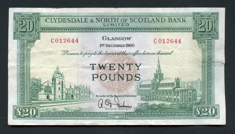 The Clydesdale Bank & North of Scotland Ltd  £20 Twenty Pounds Banknote Dated 20th September 1961
